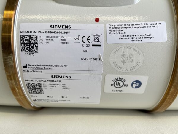 Siemens MEGALIX Cat Plus 125/20/40/80-121GW Röntgenröhre - PN 10144179 / 10145086 - Datenschild