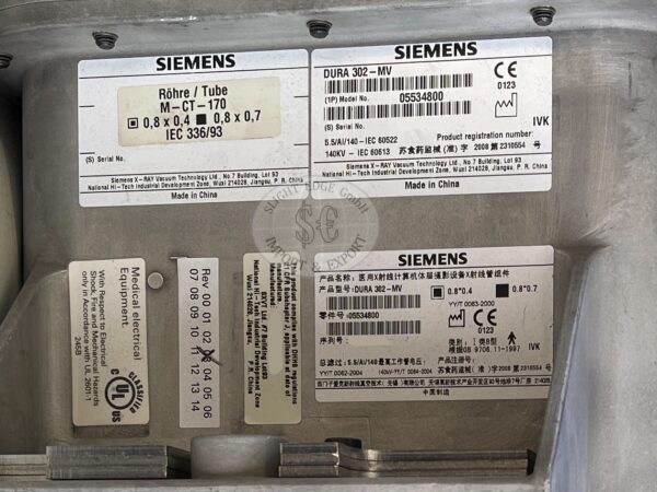 Siemens DURA 302-MV Röntgenröhre - PN 5534750 - Datenschild