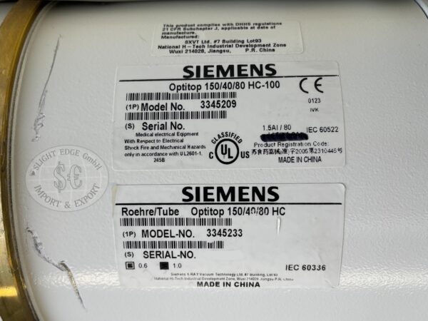 Siemens OPTITOP 150/40/80HC-100 Röntgenröhre - PN 3345209, 3345233 - Datenschild