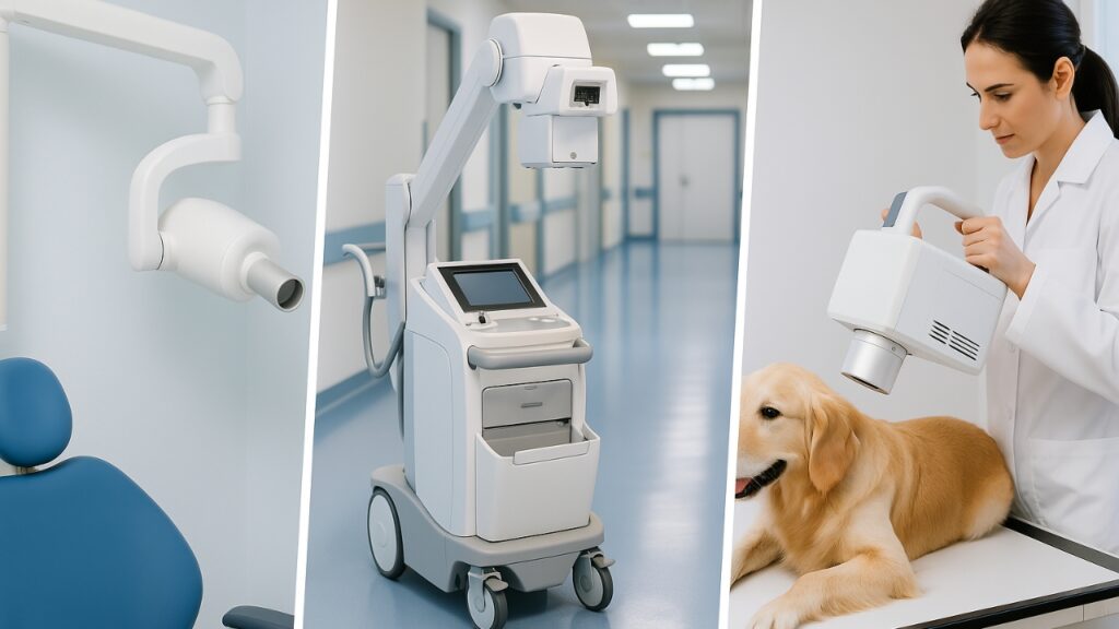 Spezialisierte Röntgengeräte im Einsatz: Dentalröntgen in der Zahnarztpraxis, mobiles System in der Klinik und tragbares Gerät in der Veterinärmedizin.