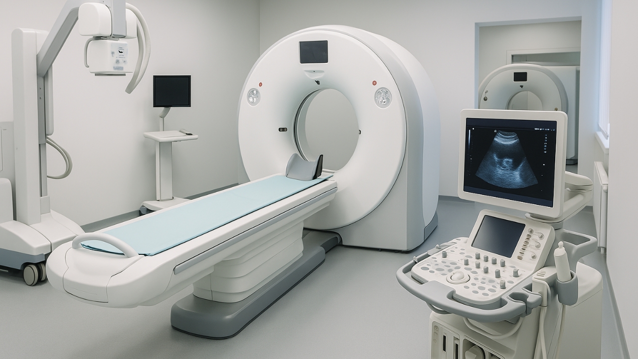 Moderne Geräte der bildgebenden Diagnostik: CT-Scanner, MRT, Ultraschall und digitales Röntgensystem in einem medizinischen Untersuchungsraum.