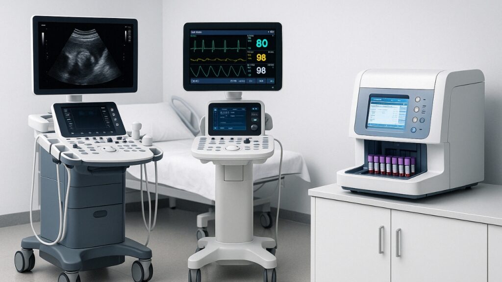 Moderne Medizintechnik im Überblick: Ultraschallgerät, Patientenmonitor und Laboranalysesystem – typische Ausstattung für Diagnostik und Überwachung im Klinikalltag